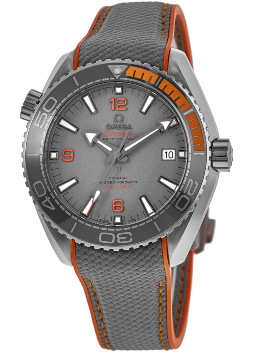 Omega Seamaster Planet Ocean 600M Titanium men's automatic watch, 43.5mm titanium case, grey dial, orange bezel, rubber strap – full front view