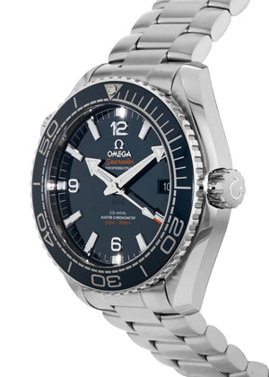 Omega Seamaster Planet Ocean men's automatic watch, 43.5mm stainless steel case, blue dial, steel bracelet – angle view