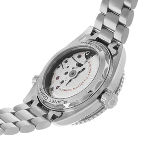 Omega Seamaster Planet Ocean men's automatic watch, 43.5mm stainless steel case, blue dial, steel bracelet – caseback view