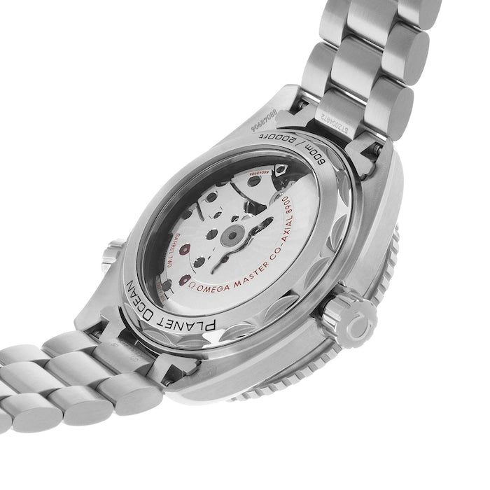 Omega Seamaster Planet Ocean men's automatic watch, 43.5mm stainless steel case, blue dial, steel bracelet – caseback view