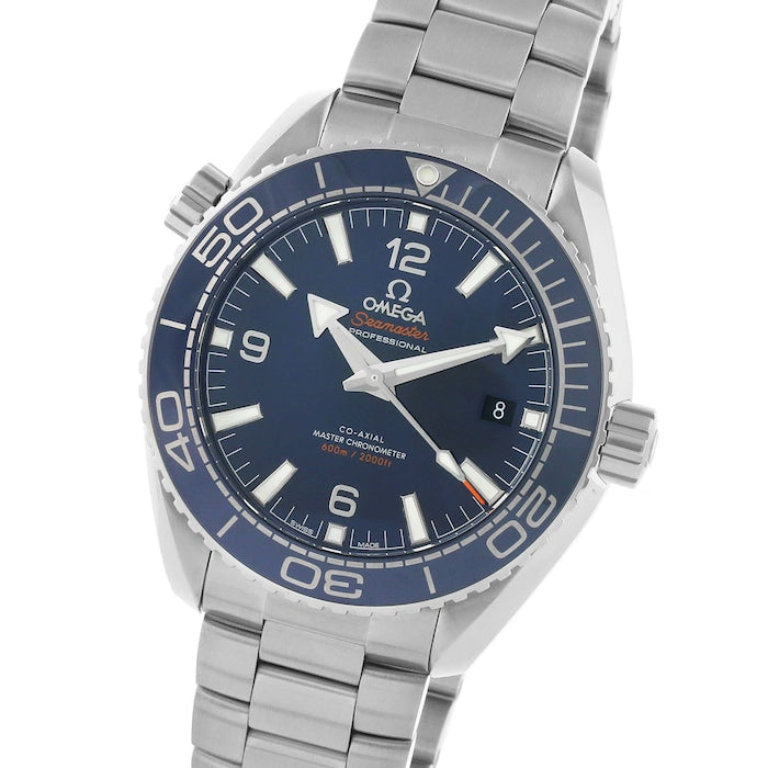 Omega Seamaster Planet Ocean men's automatic watch, 43.5mm stainless steel case, blue dial, steel bracelet – dial angle close-up