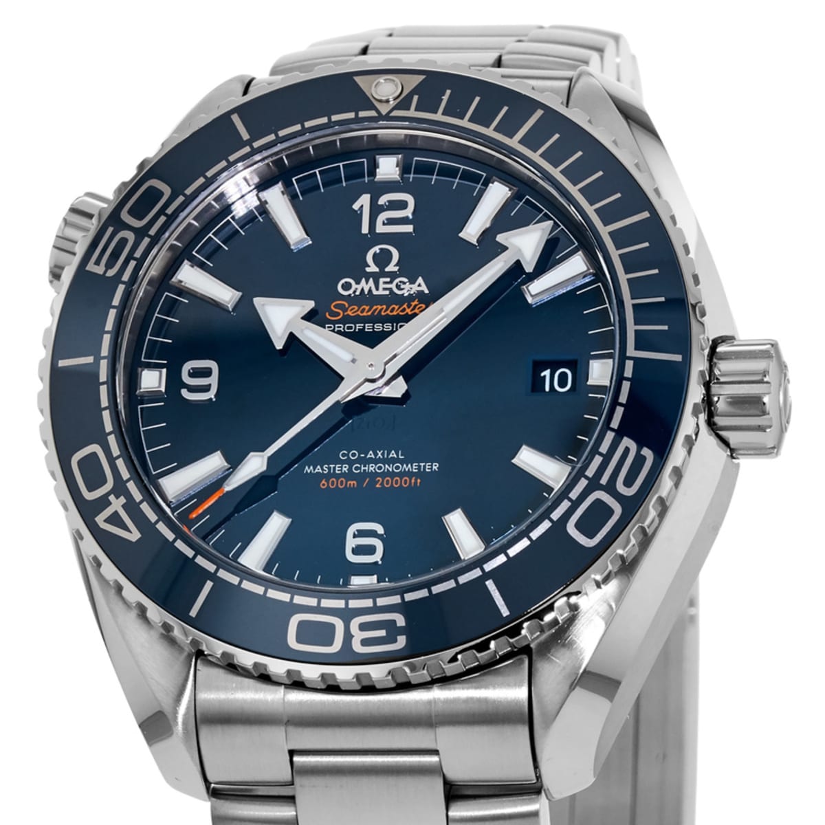 Omega Seamaster Planet Ocean men's automatic watch, 43.5mm stainless steel case, blue dial, steel bracelet – dial close-up