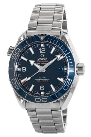 Omega Seamaster Planet Ocean men's automatic watch, 43.5mm stainless steel case, blue dial, steel bracelet – full front view