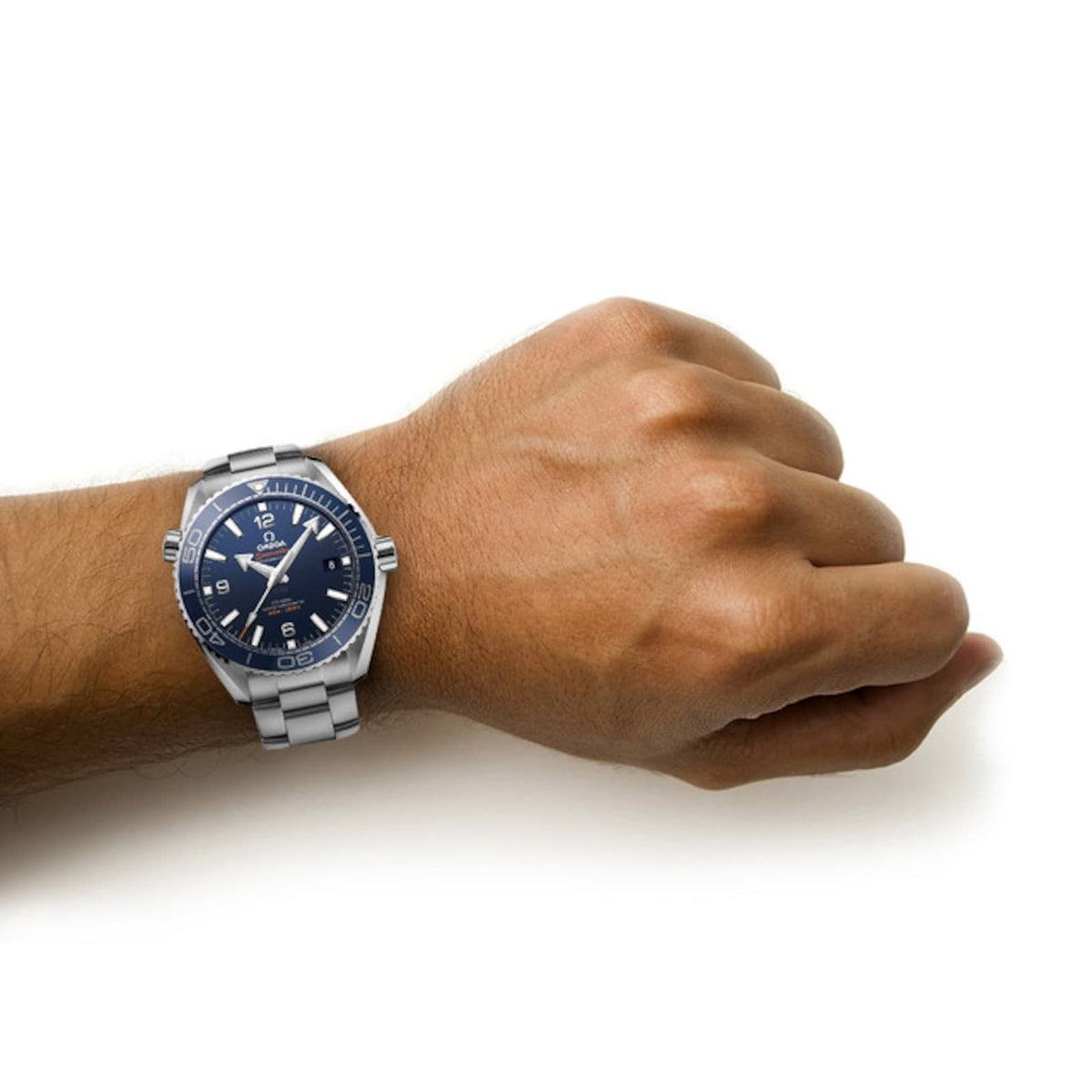 Omega Seamaster Planet Ocean men's automatic watch, 43.5mm stainless steel case, blue dial, steel bracelet – on wrist view