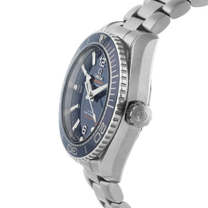 Omega Seamaster Planet Ocean men's automatic watch, 43.5mm stainless steel case, blue dial, steel bracelet – side profile view
