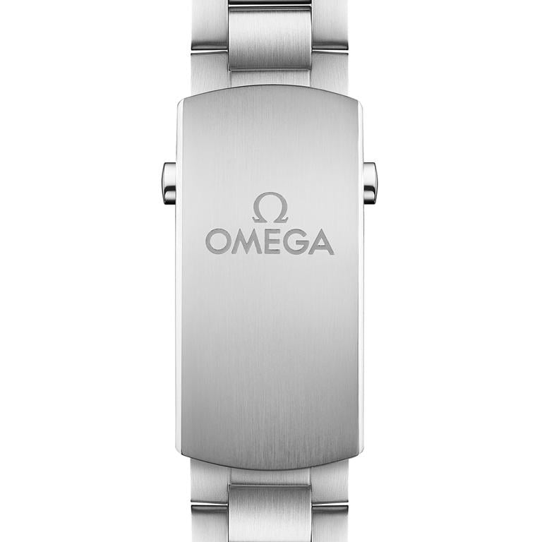 Omega Seamaster Planet Ocean men's automatic watch, 43.5mm stainless steel case, white dial, orange bezel, steel bracelet – bracelet view