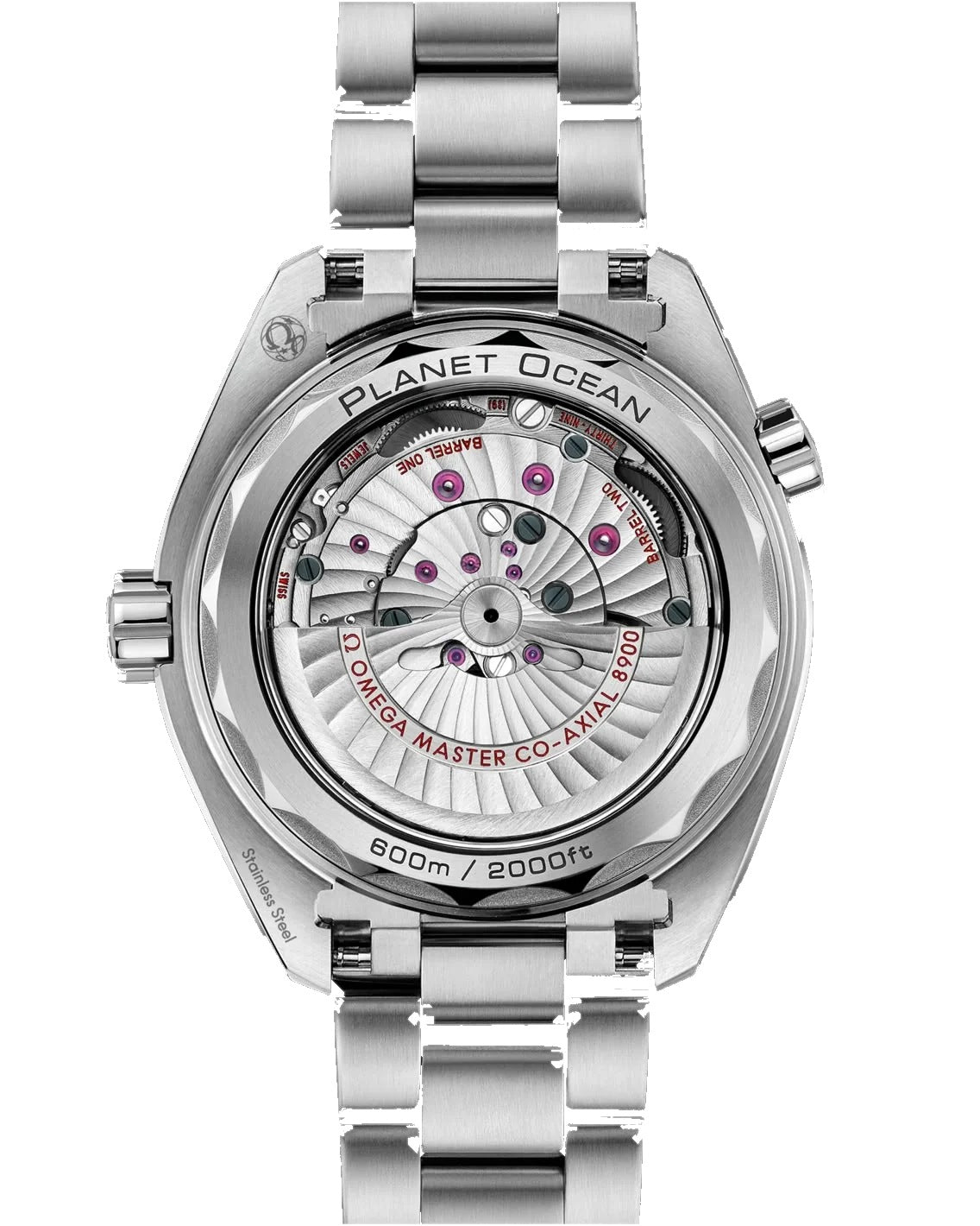 Omega Seamaster Planet Ocean men's automatic watch, 43.5mm stainless steel case, white dial, orange bezel, steel bracelet – caseback on white background