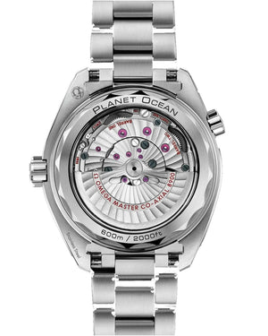 Omega Seamaster Planet Ocean men's automatic watch, 43.5mm stainless steel case, white dial, orange bezel, steel bracelet – caseback on white background