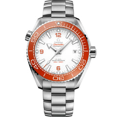 Omega Seamaster Planet Ocean men's automatic watch, 43.5mm stainless steel case, white dial, orange bezel, steel bracelet – front view