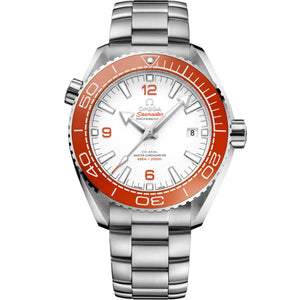 Omega Seamaster Planet Ocean men's automatic watch, 43.5mm stainless steel case, white dial, orange bezel, steel bracelet – front view
