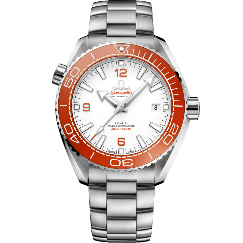Omega Seamaster Planet Ocean men's automatic watch, 43.5mm stainless steel case, white dial, orange bezel, steel bracelet – front view