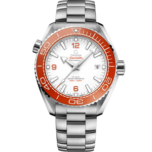 Omega Seamaster Planet Ocean men's automatic watch, 43.5mm stainless steel case, white dial, orange bezel, steel bracelet – full front view