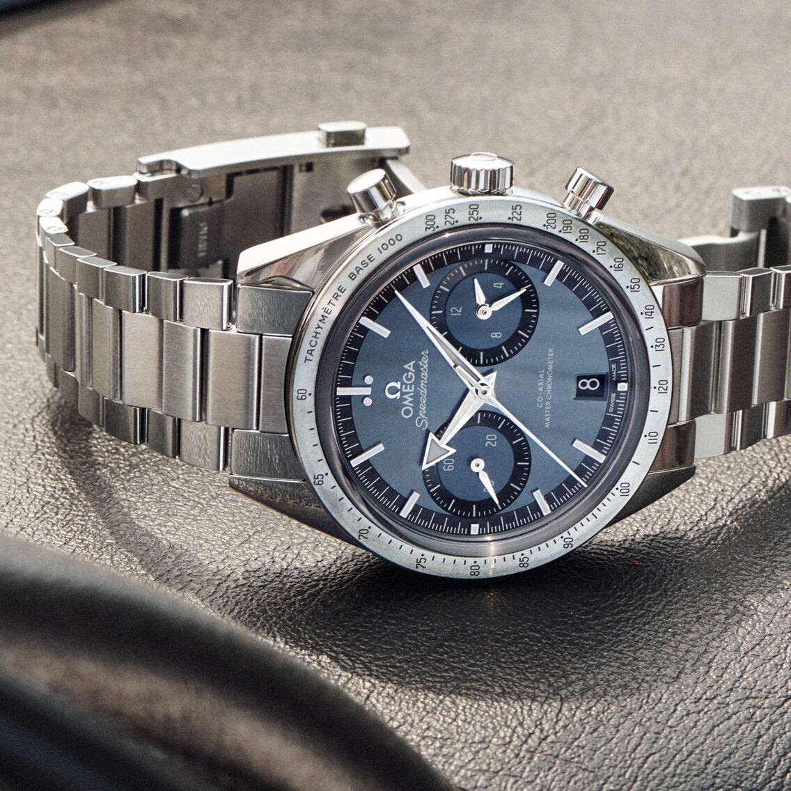 Omega Speedmaster '57 332.10.41.51.03.001 men's chronograph watch, 40.5mm stainless steel, blue dial – lifestyle view