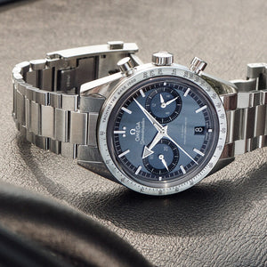Omega Speedmaster '57 332.10.41.51.03.001 men's chronograph watch, 40.5mm stainless steel, blue dial – lifestyle view