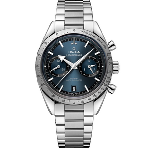 Omega Speedmaster '57 332.10.41.51.03.001 men's chronograph watch, 40.5mm stainless steel case, blue dial, steel bracelet – front view