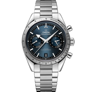 Omega Speedmaster '57 332.10.41.51.03.001 men's chronograph watch, 40.5mm stainless steel case, blue dial, steel bracelet – full front view