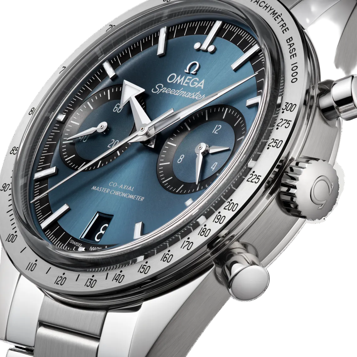 Omega Speedmaster '57 332.10.41.51.03.001 men's chronograph watch – tachymeter bezel and pushers angle close-up