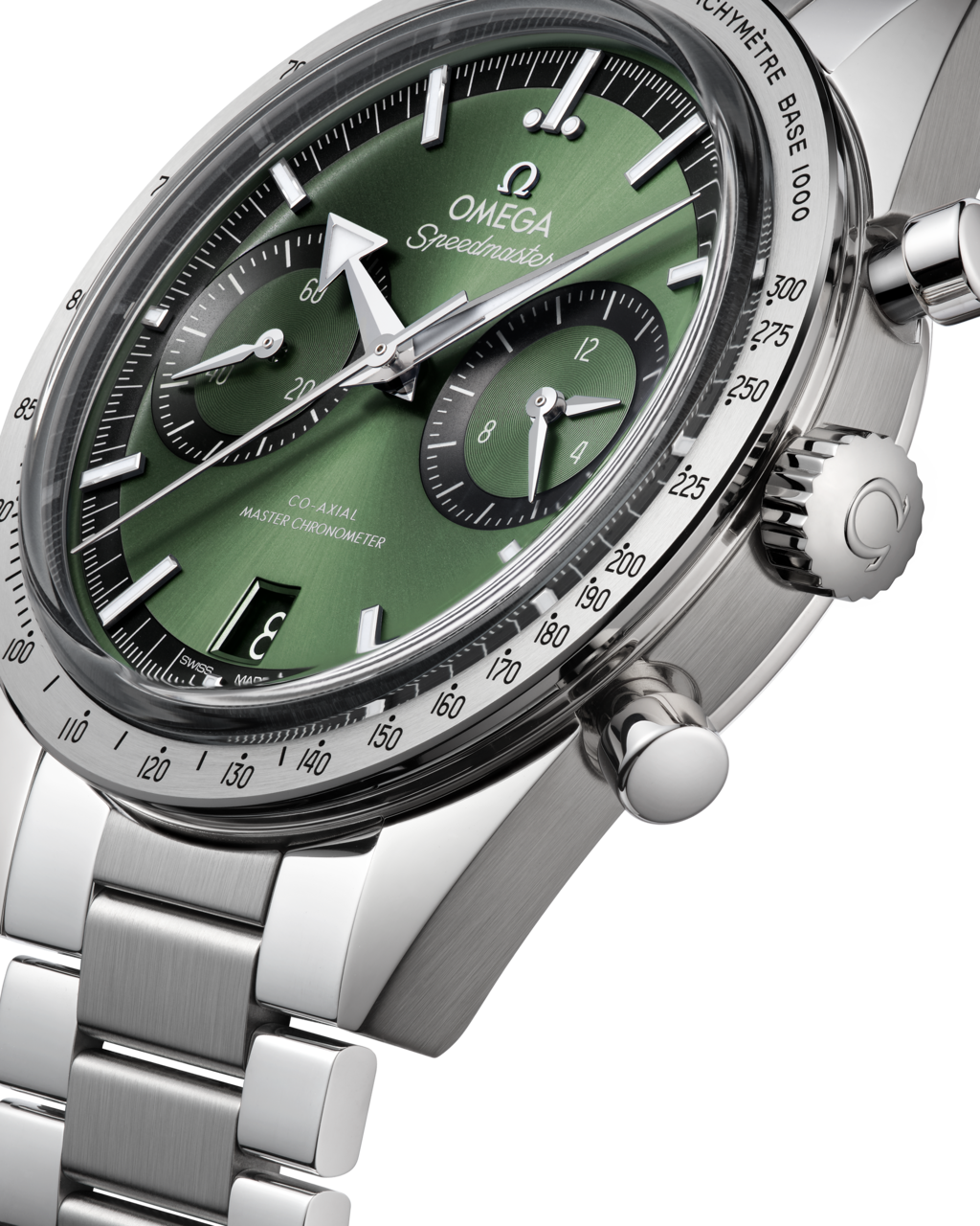 Omega Speedmaster '57 men's chronograph watch, 40.5mm stainless steel case, green dial, steel bracelet – angle close-up