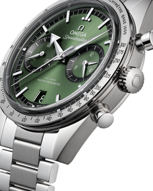 Omega Speedmaster '57 men's chronograph watch, 40.5mm stainless steel case, green dial, steel bracelet – angle close-up