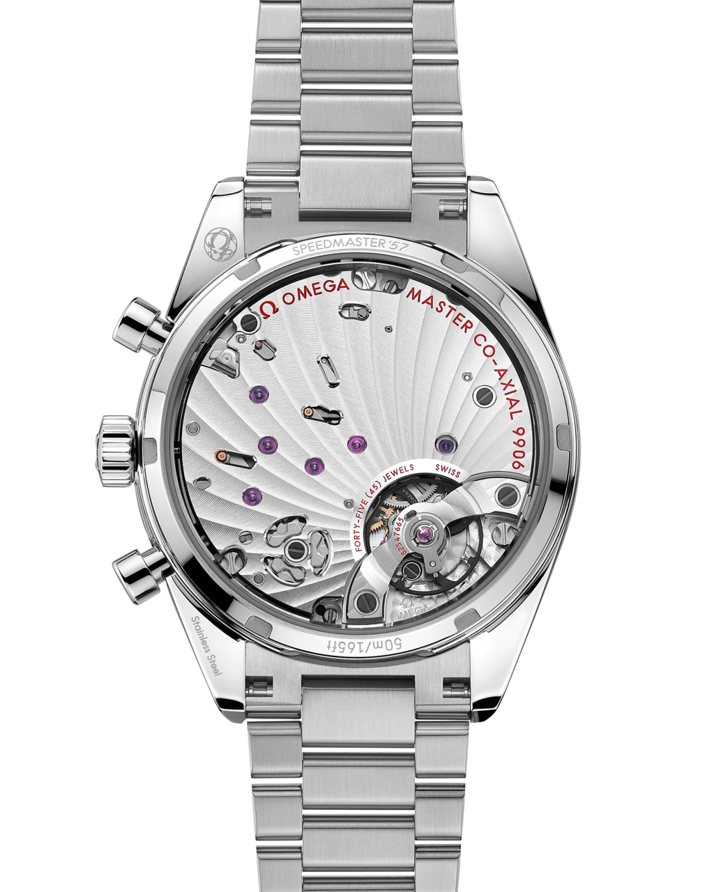 Omega Speedmaster '57 men's chronograph watch, 40.5mm stainless steel case, green dial, steel bracelet – caseback movement view