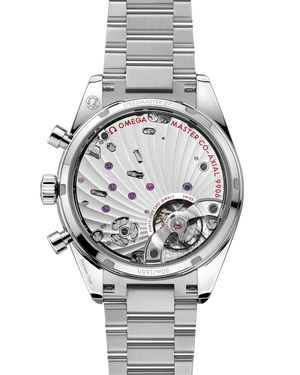 Omega Speedmaster '57 men's chronograph watch, 40.5mm stainless steel case, green dial, steel bracelet – caseback movement view