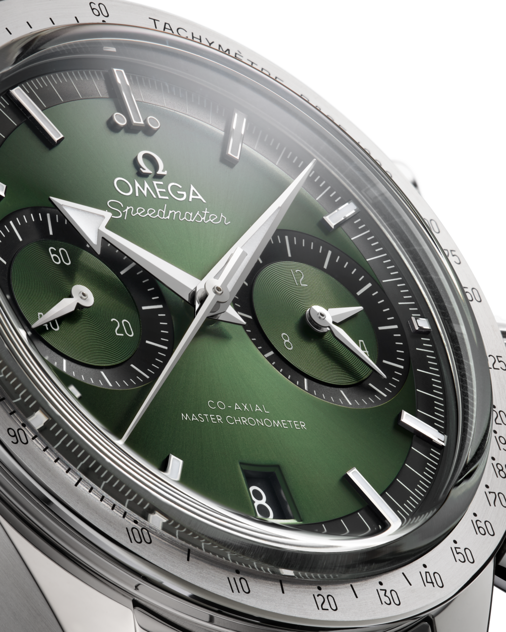 Omega Speedmaster '57 men's chronograph watch, 40.5mm stainless steel case, green dial, steel bracelet – dial close-up