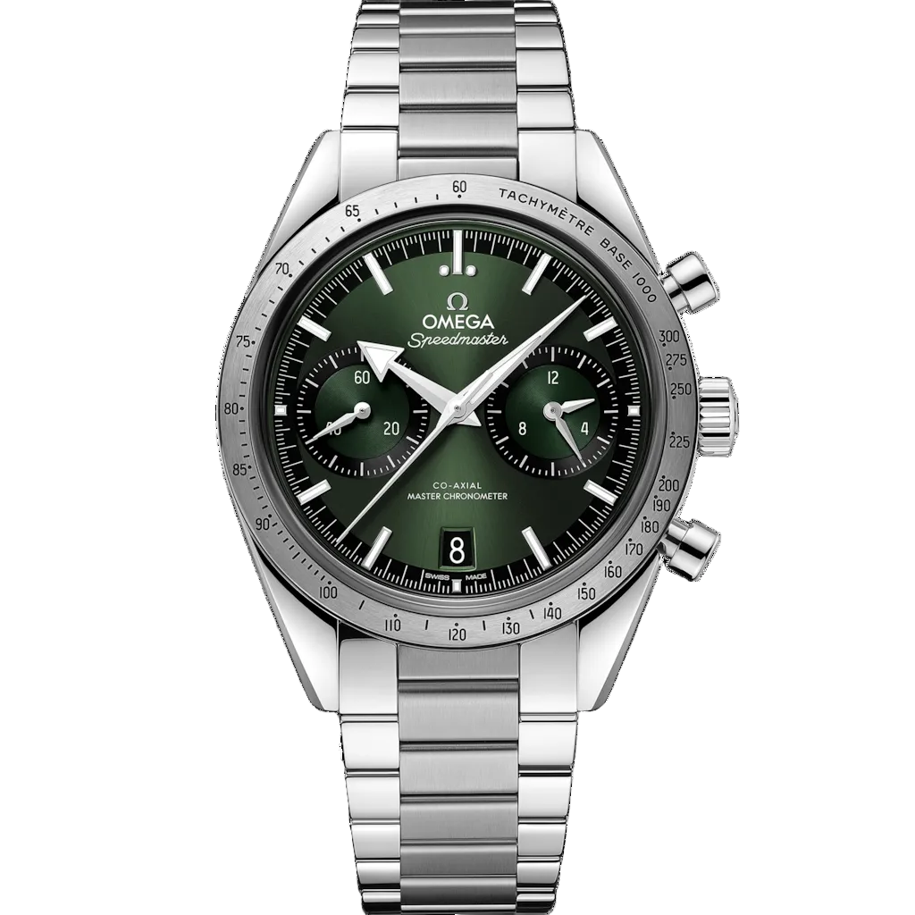 Omega Speedmaster '57 men's chronograph watch, 40.5mm stainless steel case, green dial, steel bracelet – front view