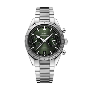 Omega Speedmaster '57 men's chronograph watch, 40.5mm stainless steel case, green dial, steel bracelet – full front view