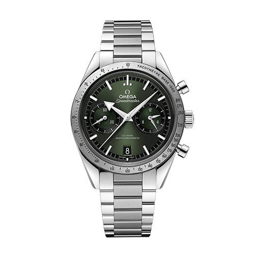 Omega Speedmaster '57 men's chronograph watch, 40.5mm stainless steel case, green dial, steel bracelet – full front view