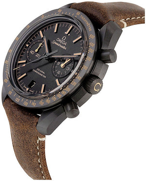 Omega Speedmaster Dark Side of the Moon men's chronograph watch, 43mm black case, black dial, tan leather strap – angle view