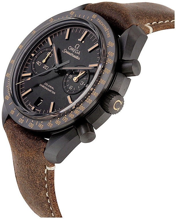 Omega Speedmaster Dark Side of the Moon men's chronograph watch, 43mm black case, black dial, tan leather strap – angle view