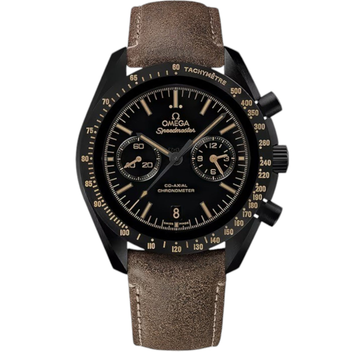 Omega Speedmaster Dark Side of the Moon men's chronograph watch, 43mm black case, black dial, tan leather strap – front view