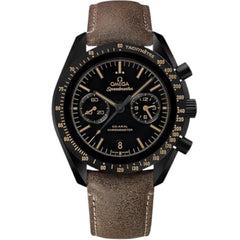 Omega Speedmaster Dark Side of the Moon men's chronograph watch, 43mm black case, black dial, tan leather strap – front view