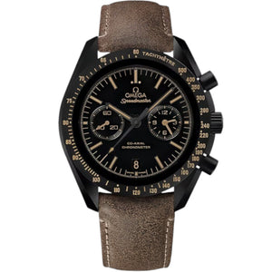 Omega Speedmaster Dark Side of the Moon men's chronograph watch, 43mm black case, black dial, tan leather strap – front view