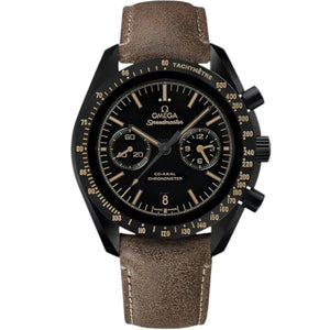 Omega Speedmaster Dark Side of the Moon men's chronograph watch, 43mm black case, black dial, tan leather strap – full front view