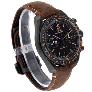Omega Speedmaster Dark Side of the Moon men's chronograph watch, 43mm black case, black dial, tan leather strap – strap side view