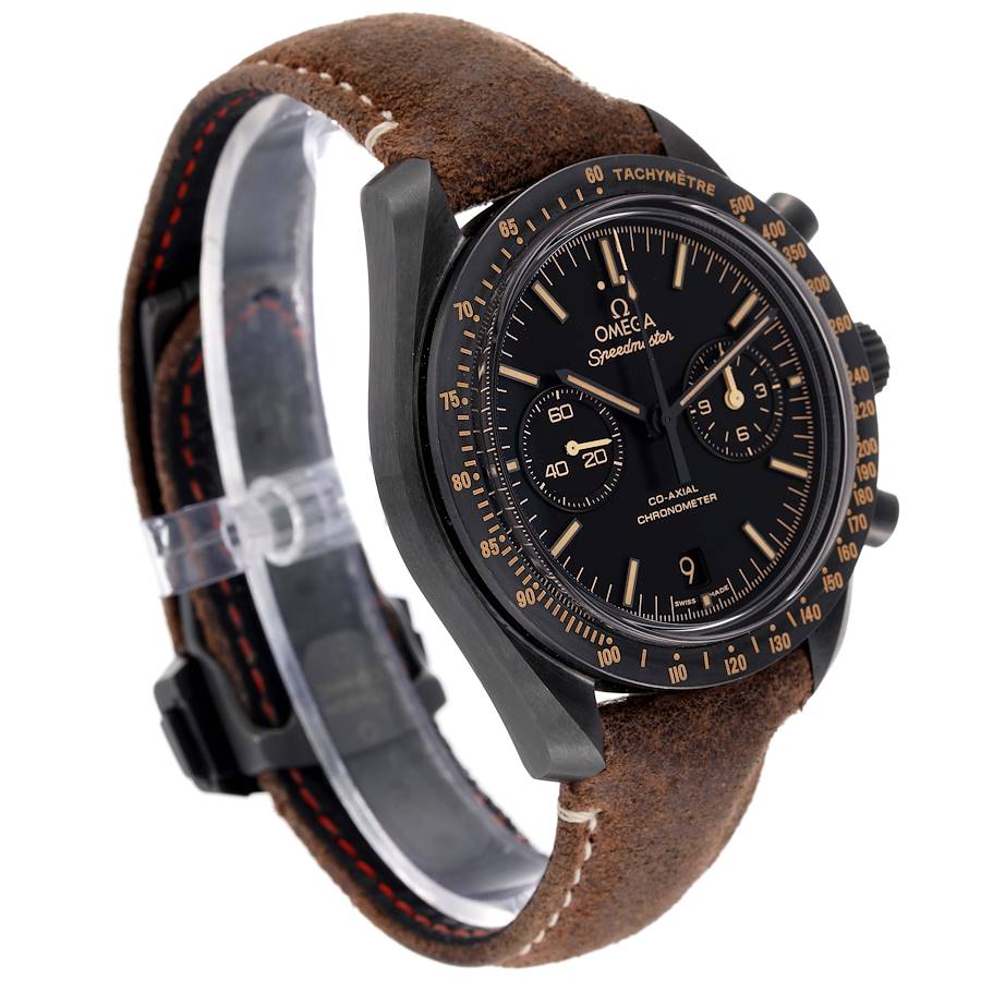 Omega Speedmaster Dark Side of the Moon men's chronograph watch, 43mm black case, black dial, tan leather strap – strap side view