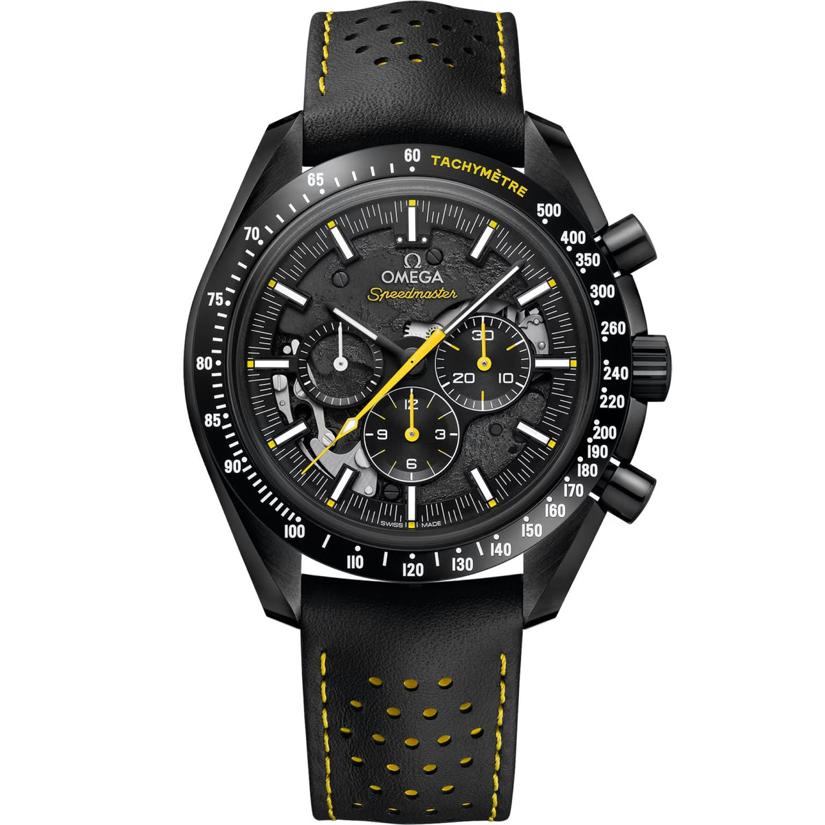 Omega Speedmaster Dark Side of the Moon Style men's chronograph watch, 45mm black case, black dial with yellow accents, black leather strap – front view