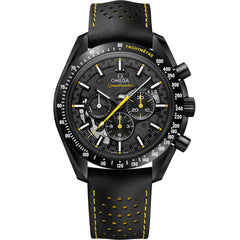 Omega Speedmaster Dark Side of the Moon Style men's chronograph watch, 45mm black case, black dial with yellow accents, black leather strap – front view