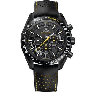 Omega Speedmaster Dark Side of the Moon Style men's chronograph watch, 45mm black case, black dial with yellow accents, black leather strap – front view