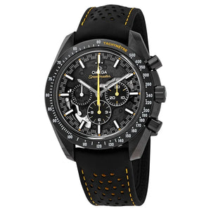 Omega Speedmaster Dark Side of the Moon Style men's chronograph watch, 45mm black case, black dial with yellow accents, black leather strap – full front view