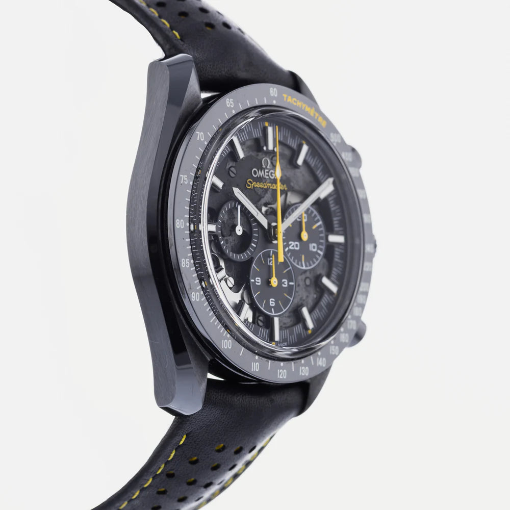 Omega Speedmaster Dark Side of the Moon Style men's chronograph watch, 45mm black case, black dial with yellow accents, black leather strap – side profile view