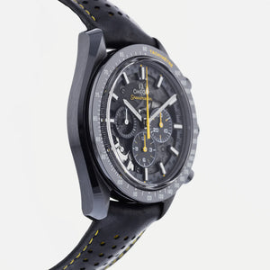 Omega Speedmaster Dark Side of the Moon Style men's chronograph watch, 45mm black case, black dial with yellow accents, black leather strap – side profile view