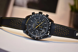 Omega Speedmaster Dark Side of the Moon Style men's chronograph watch, 45mm black case, black dial with yellow accents, black leather strap – strap side view