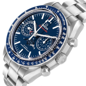 Omega Speedmaster Moonphase men's chronograph watch, 44mm stainless steel case, blue moonphase dial, steel bracelet – angle close-up
