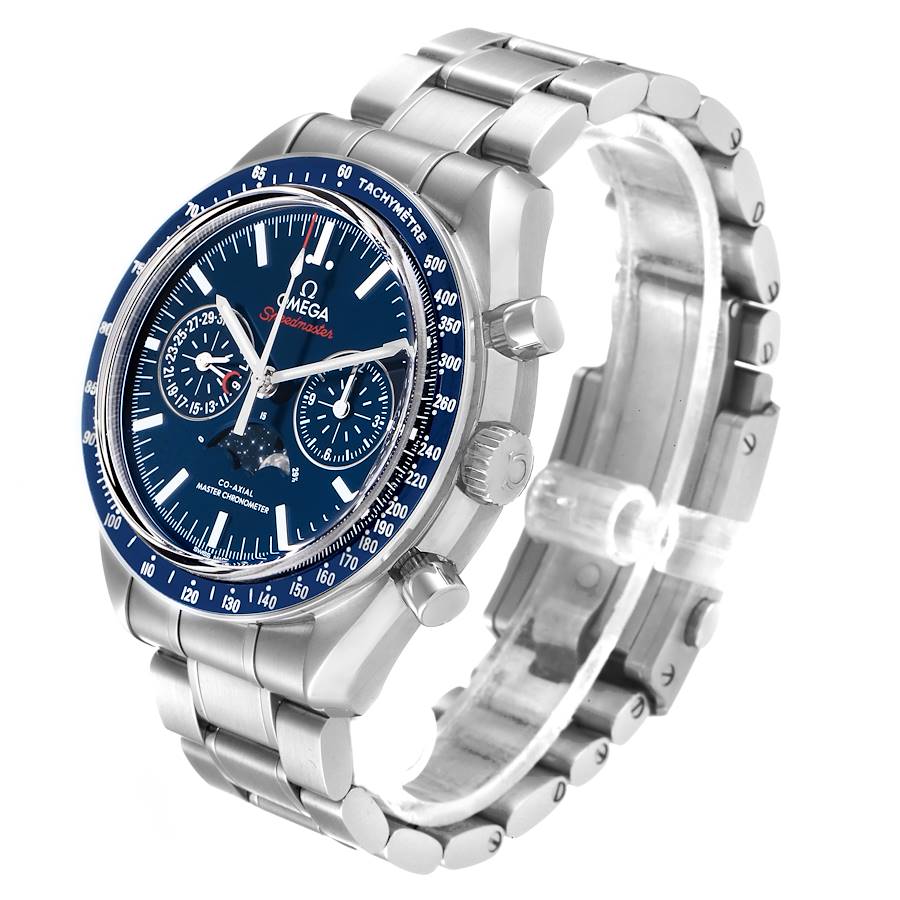 Omega Speedmaster Moonphase men's chronograph watch, 44mm stainless steel case, blue moonphase dial, steel bracelet – angle view