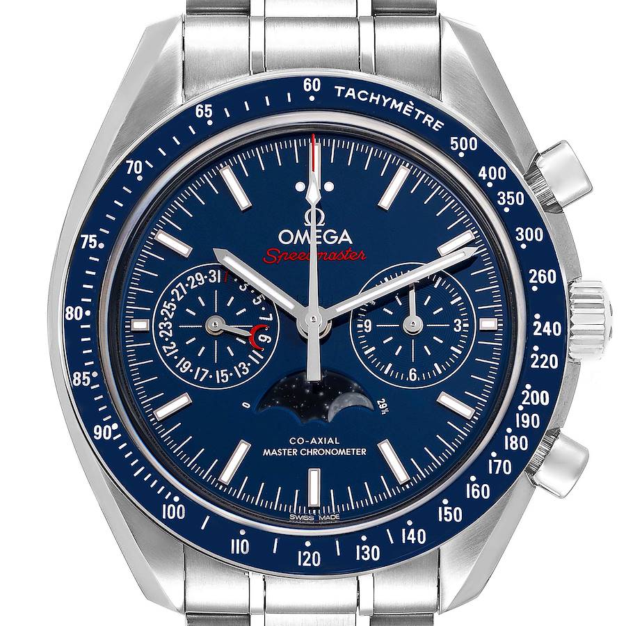 Omega Speedmaster Moonphase men's chronograph watch, 44mm stainless steel case, blue moonphase dial, steel bracelet – dial close-up