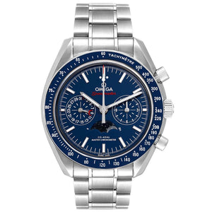Omega Speedmaster Moonphase men's chronograph watch, 44mm stainless steel case, blue moonphase dial, steel bracelet – full front view