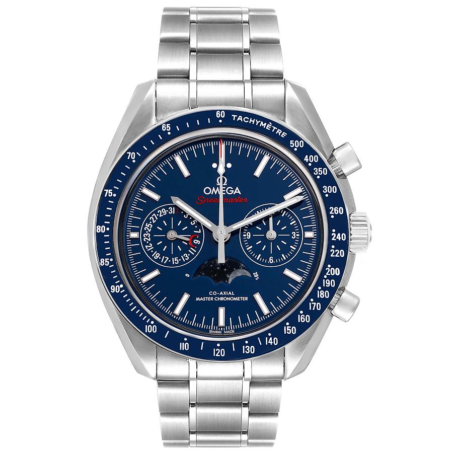 Omega Speedmaster Moonphase men's chronograph watch, 44mm stainless steel case, blue moonphase dial, steel bracelet – full front view