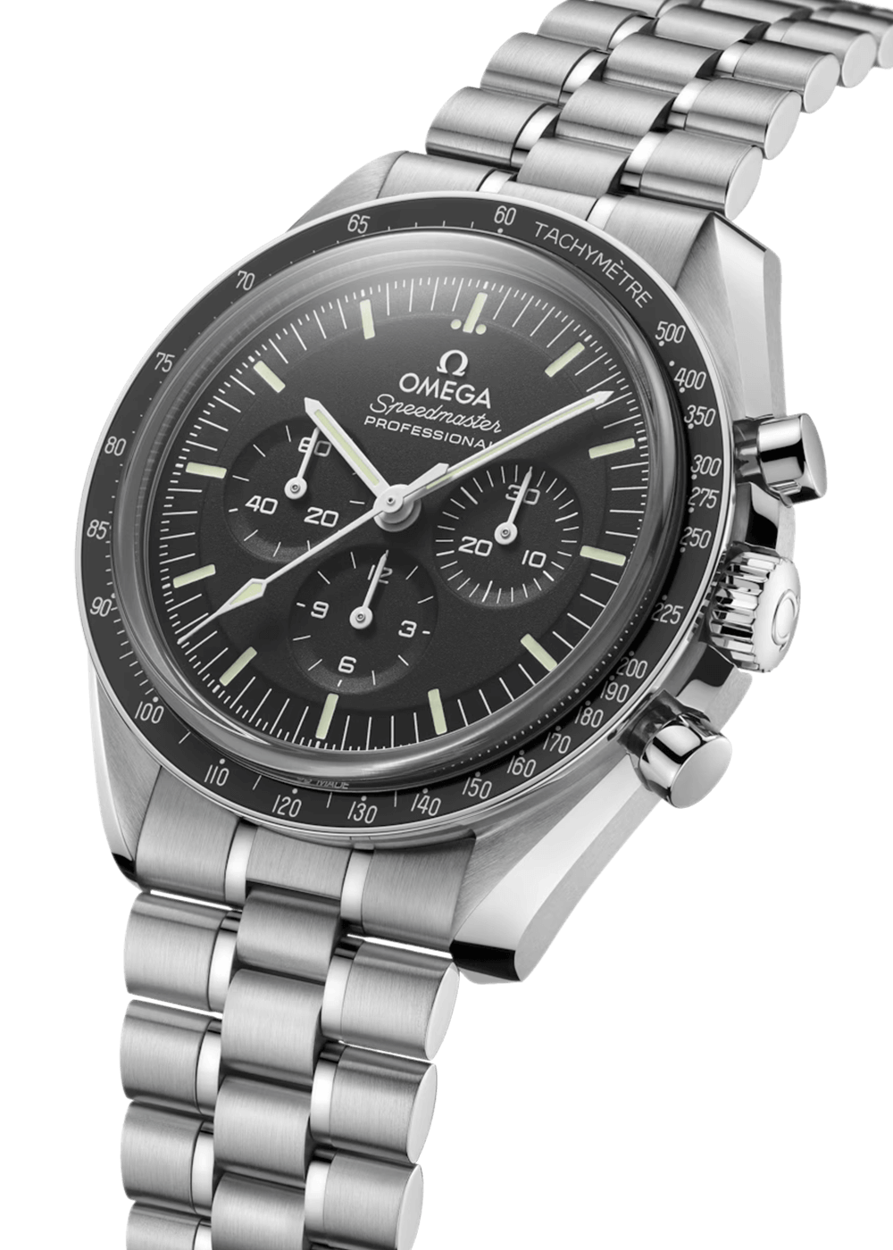 Omega Speedmaster Professional Moonwatch men's chronograph watch, 42mm stainless steel case, black dial, steel bracelet – angle view